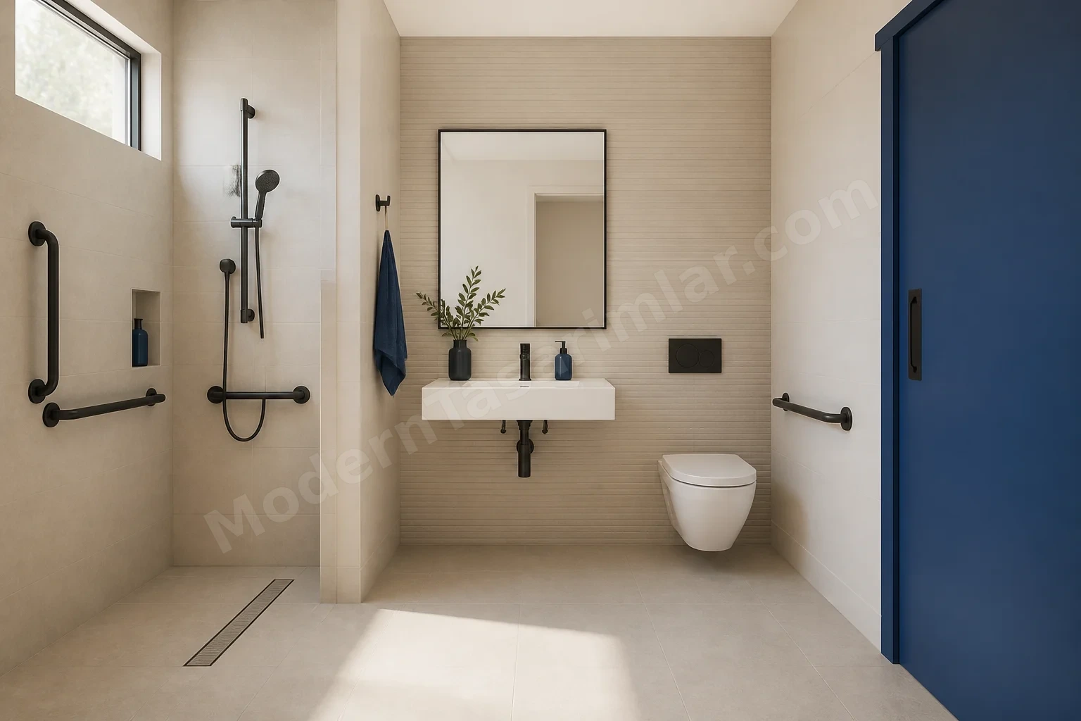 Açık bej kaotik olmayan döşeme ve sürgülü kapılı engelsiz banyo iç mekanı