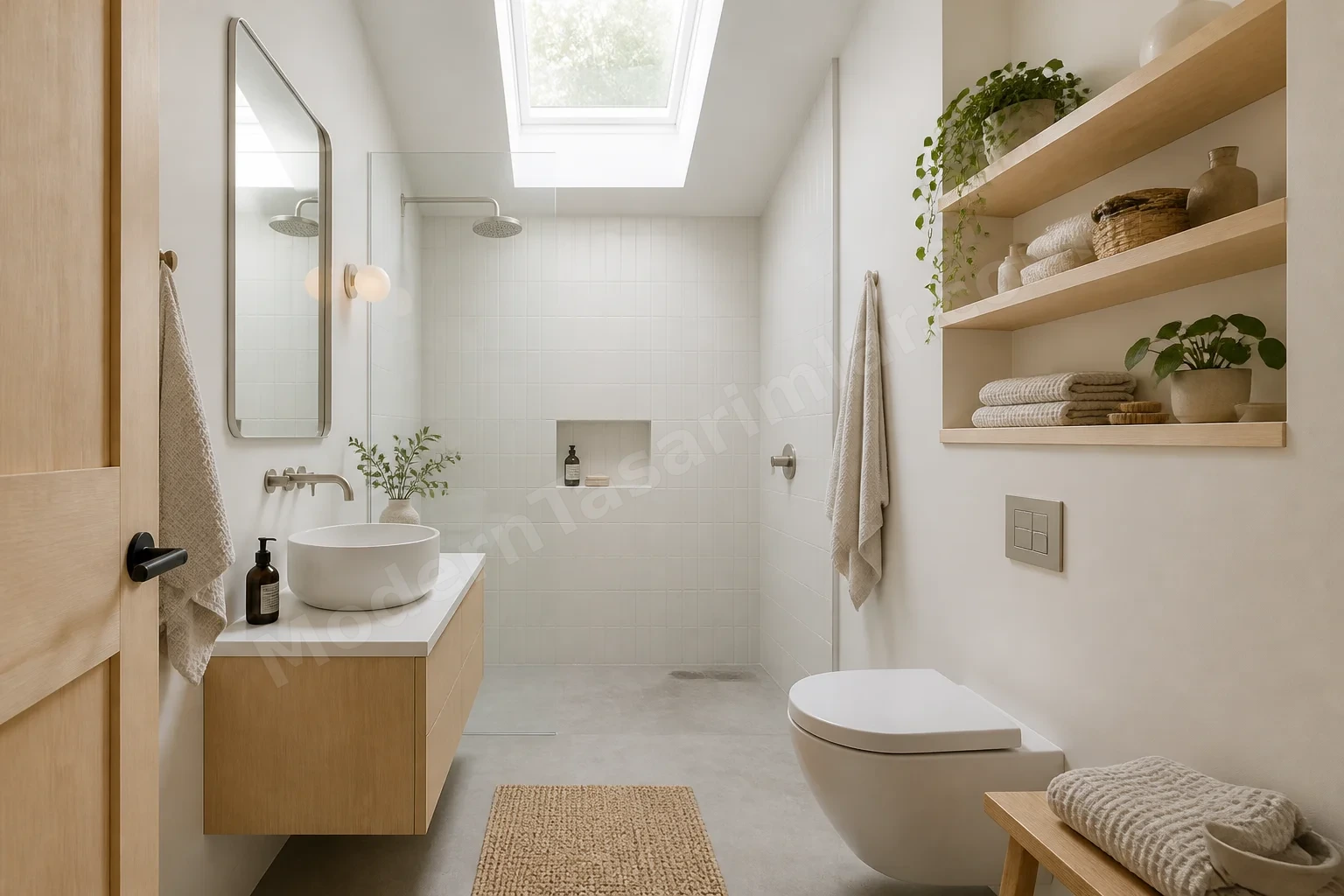 Açık huş raflar ve beton görünümlü zeminli İskandinav tarzı küçük banyo