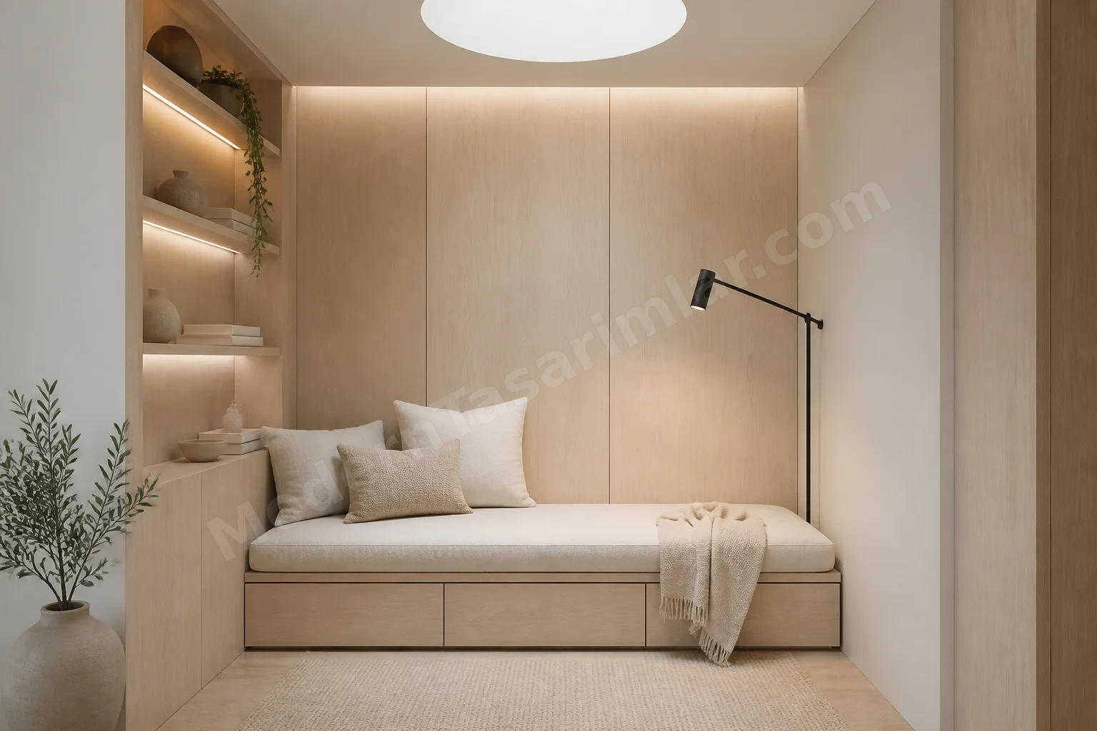 Açık huylu İskandinav okuma nişi ve minimal aydınlatma
