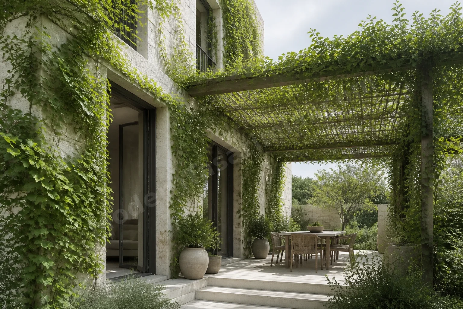 Açık renkli duvarda yaprak döken tırmanıcı bitkili yeşil cephe ve pergola.