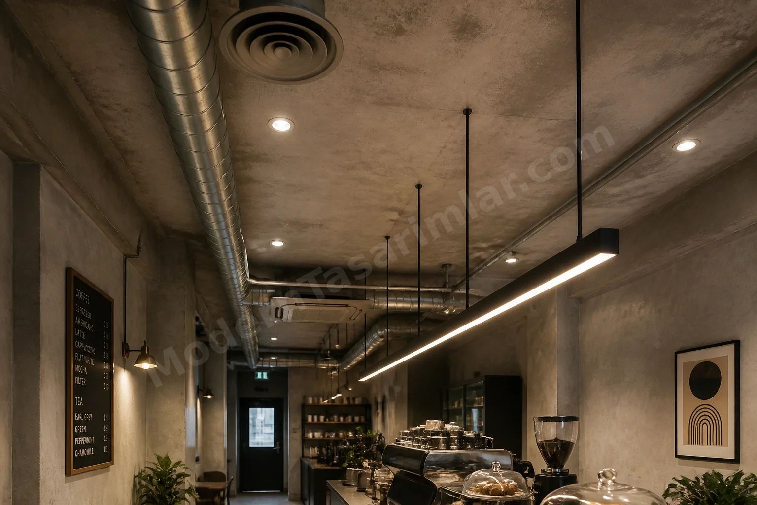 Açıkta bırakılmış tesisatlı tavan, gömme downlight ve lineer sarkıtlar