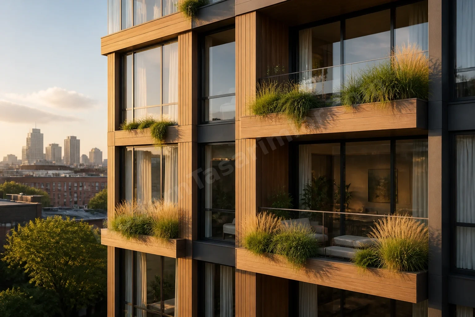 Ahşap cephede balkon entegre planter ve süs otları