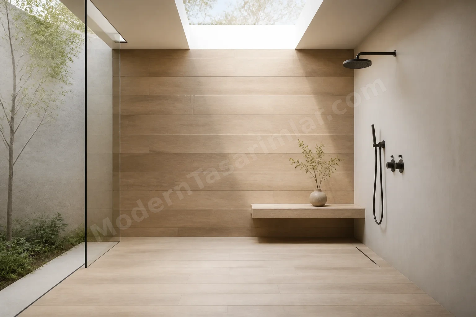 Ahşap görünümlü porselen platformlu minimal küvetsiz duş