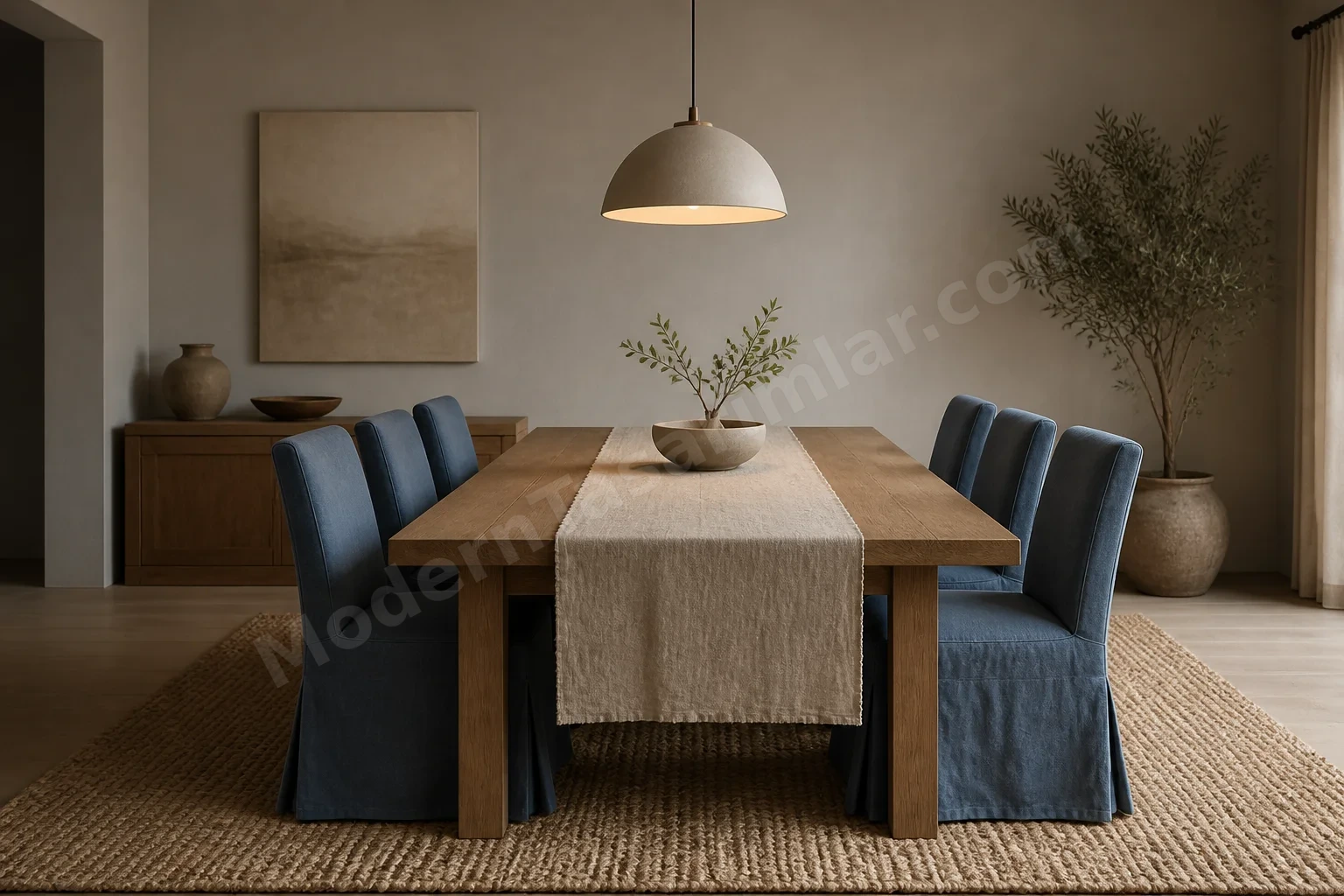 Ahşap masa, keten runner ve sisal altlık içeren yemek alanı düzeni.