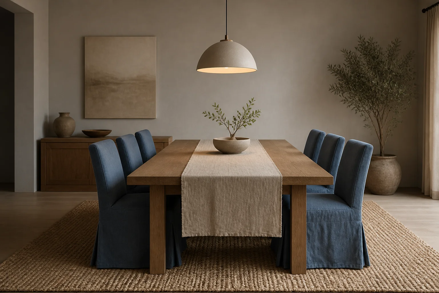 Ahşap masa, keten runner ve sisal altlık içeren yemek alanı düzeni.