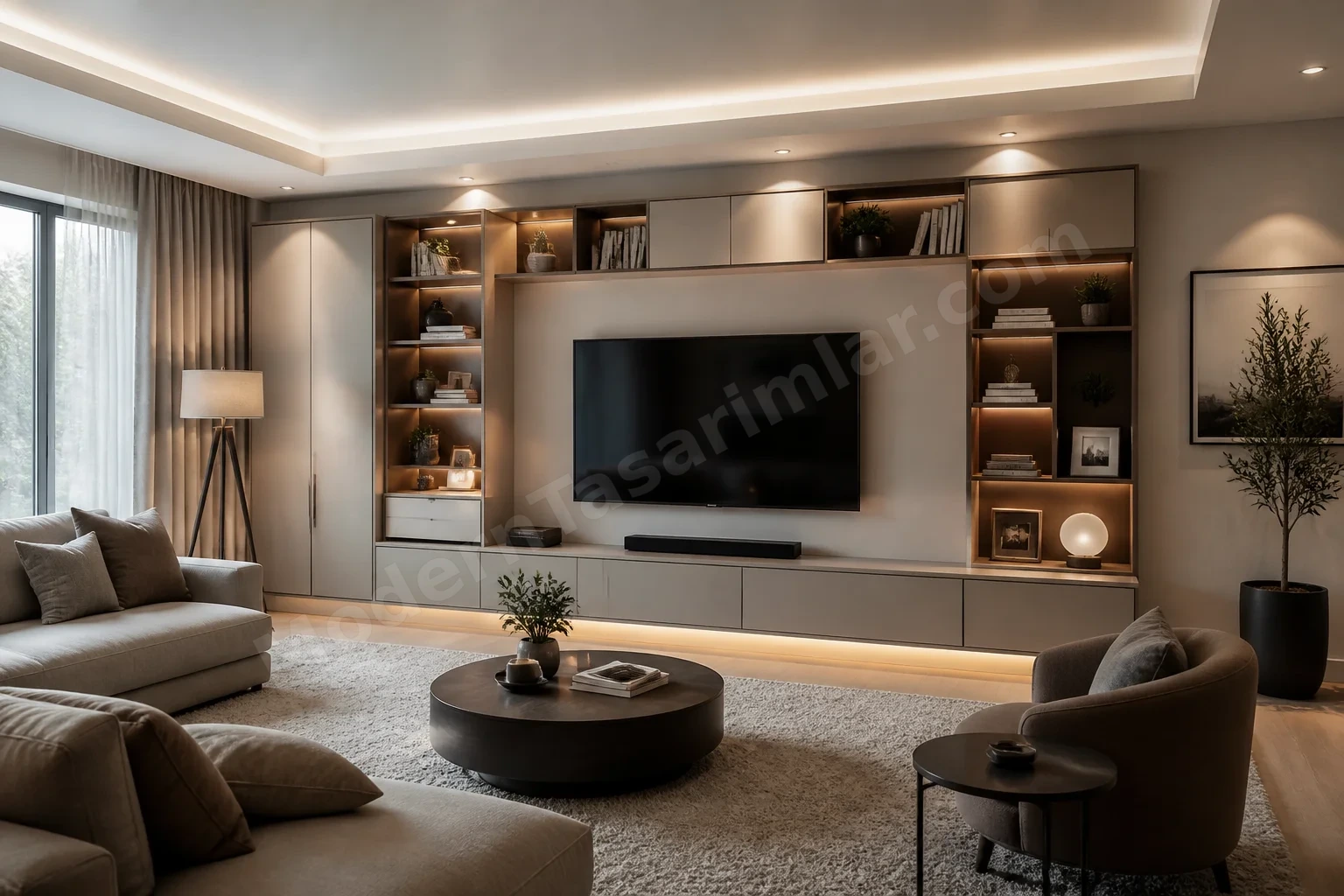 Aile odasında modüler depolama ve TV konumu
