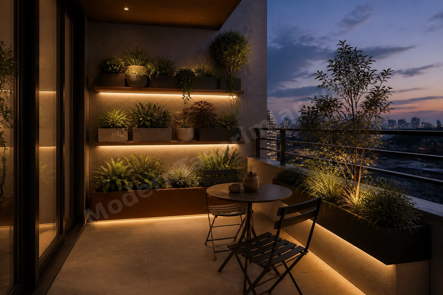 Akşam balkon sahnesi, alçak LED aydınlatmalı saksı rafları ve küçük masa