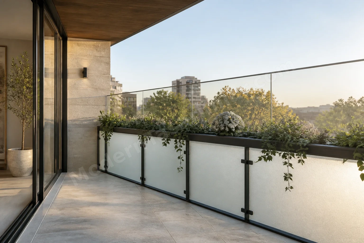 Alt kısmı buzlu cam, üst kısmı şeffaf camlı balkon detayı ve saksı korkuluk