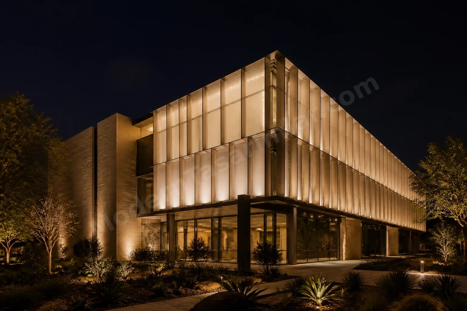Arka aydınlatmalı yarı saydam brise-soleil panellerle gece cephe aydınlatması, yumuşak ışık.