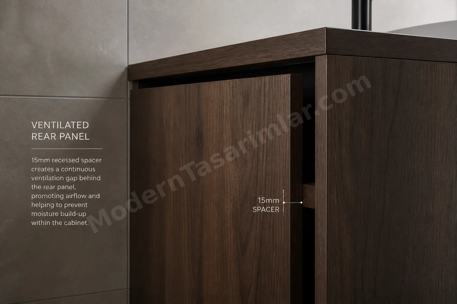 Arka panelde 15mm havalandırma boşluğu detayı