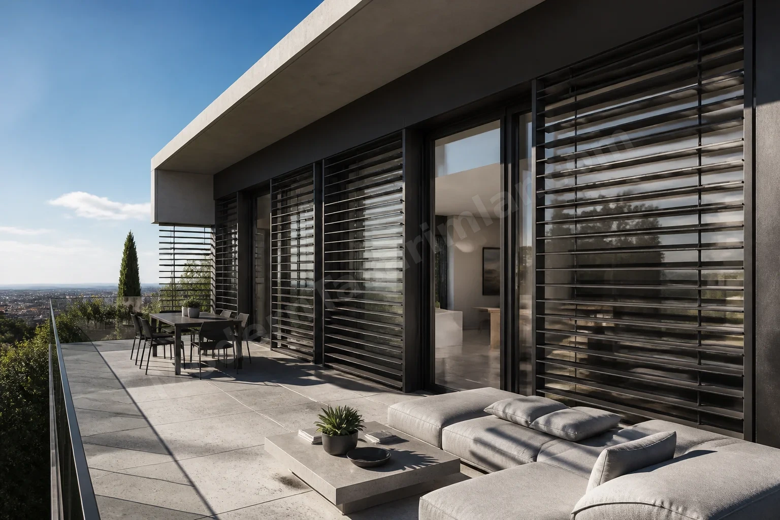 Ayarlanabilir yatay güneş kırıcılı modern teras