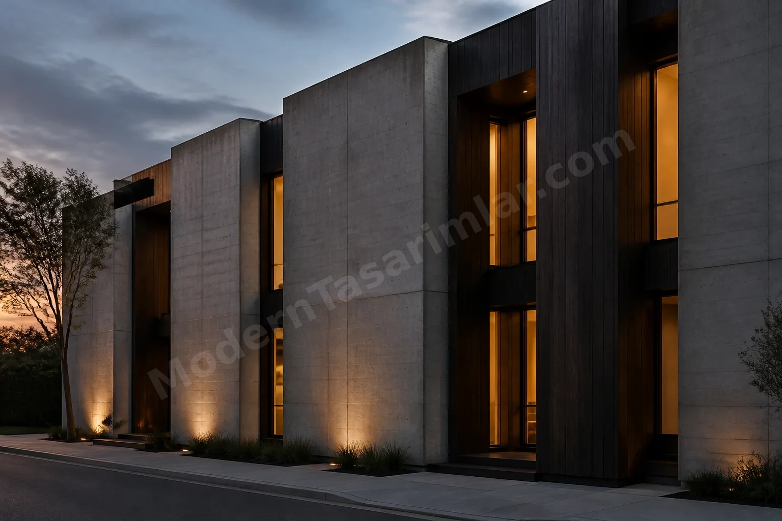 Aydınlatmalı pencere aralıkları beton ve koyu ahşap