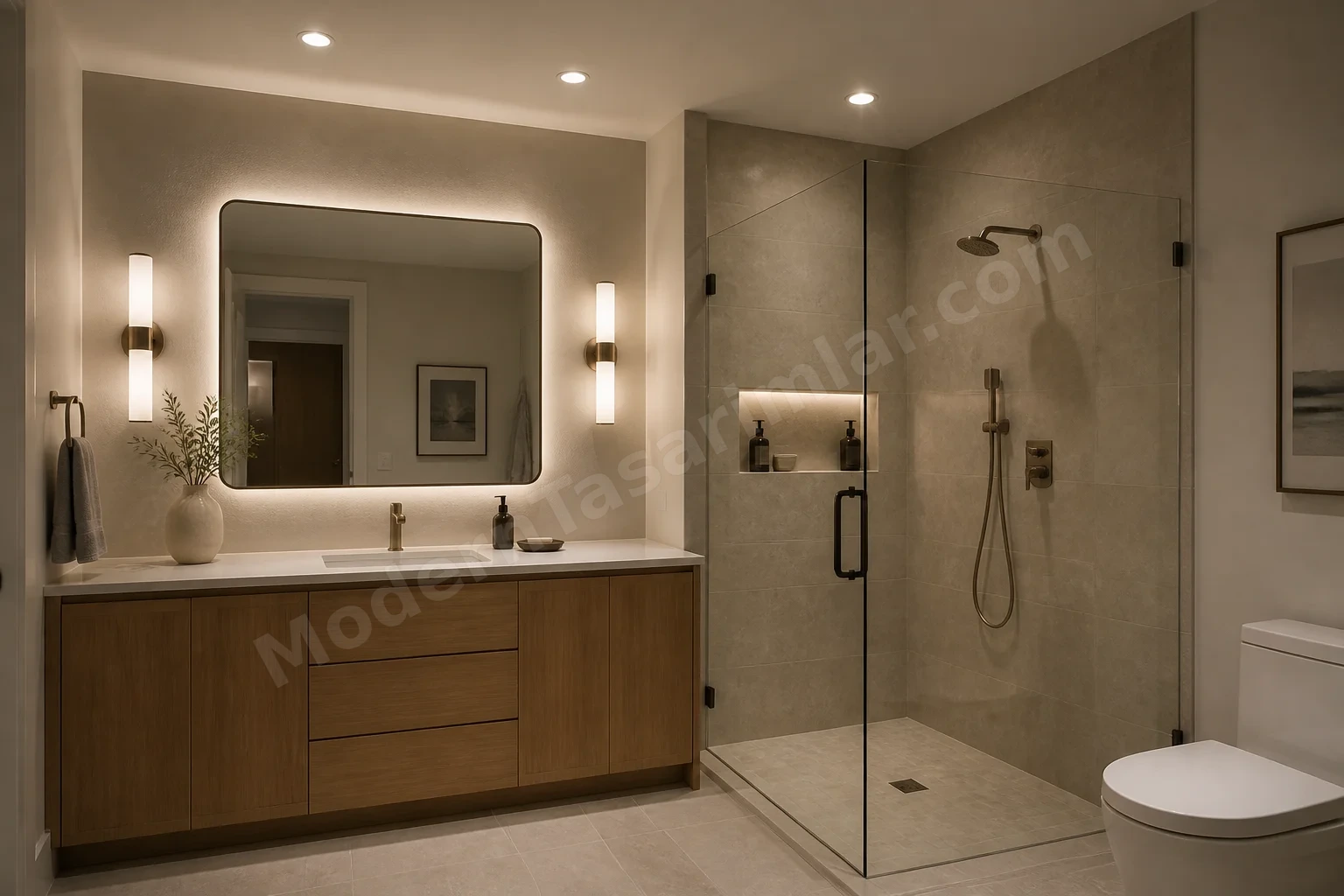 Ayna arkasında ışık, lavabo görev ışıkları ve gömme tavan aydınlatmalı nötr tonlarda banyo