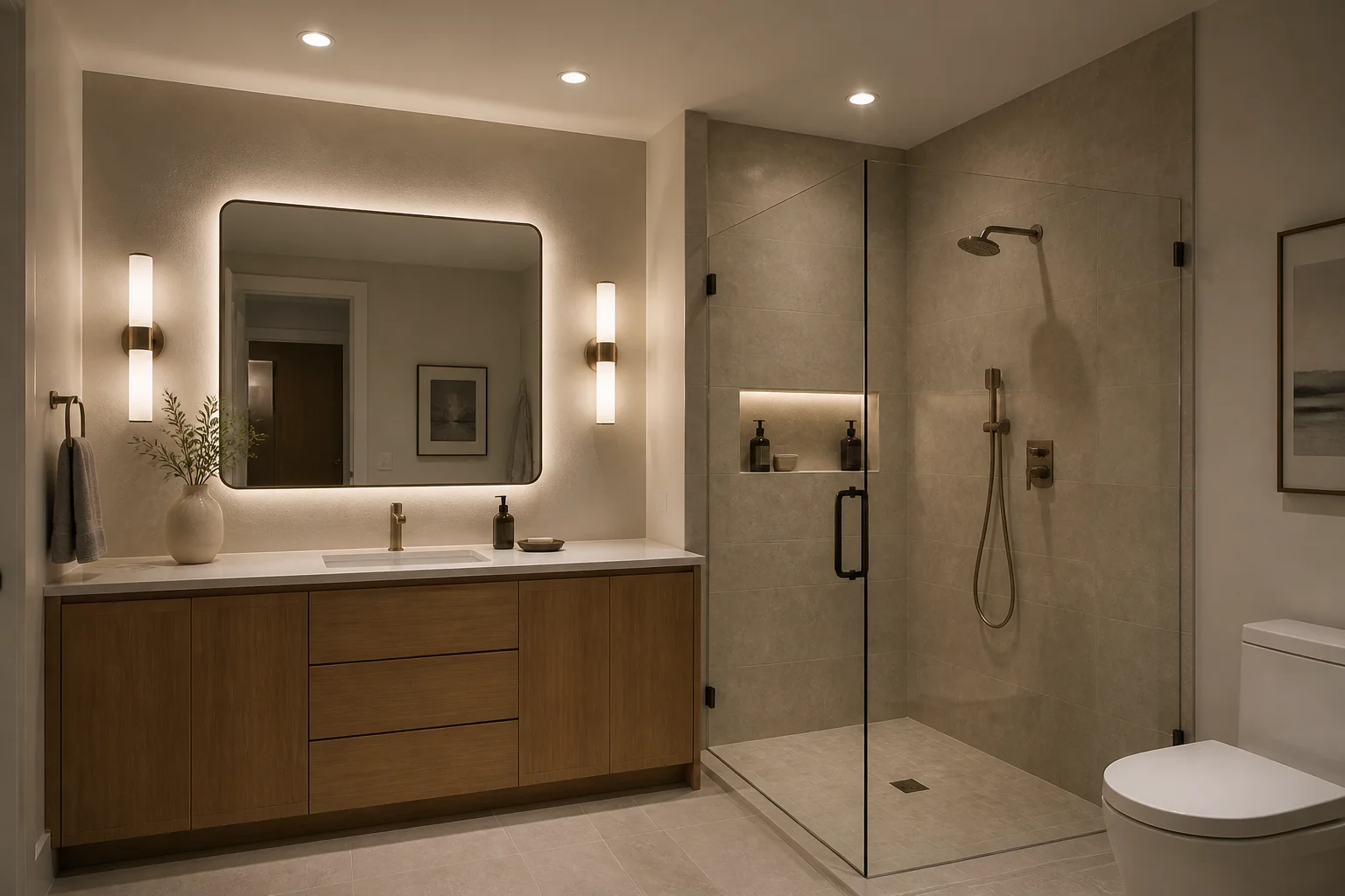 Ayna arkasında ışık, lavabo görev ışıkları ve gömme tavan aydınlatmalı nötr tonlarda banyo