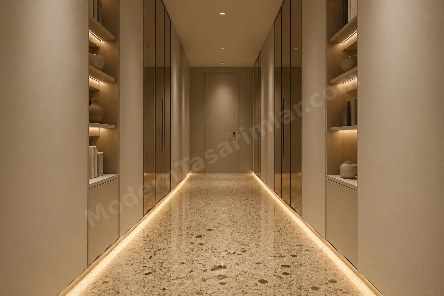 Ayna panel yansımalı terrazzo zeminli koridor