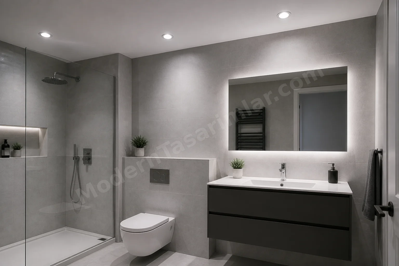Aynada parlamayı önleyecek şekilde yerleştirilmiş ayarlanabilir downlightlı banyo