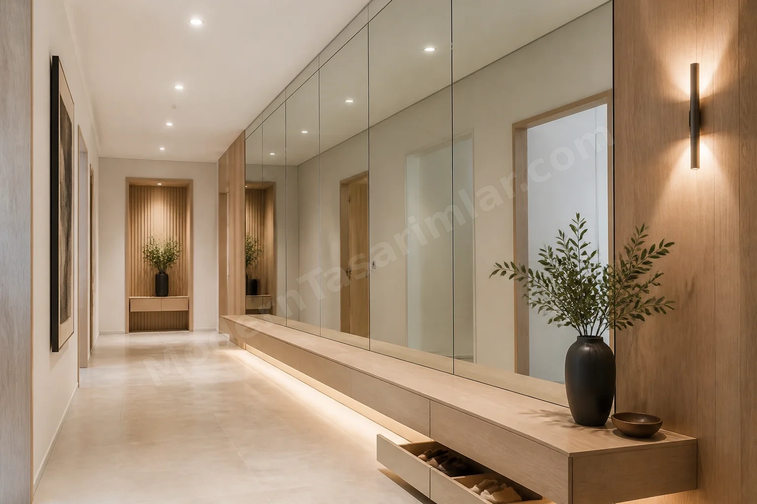 Aynalı panel, yüzer bench ve gizli depolamalı aydınlık koridor