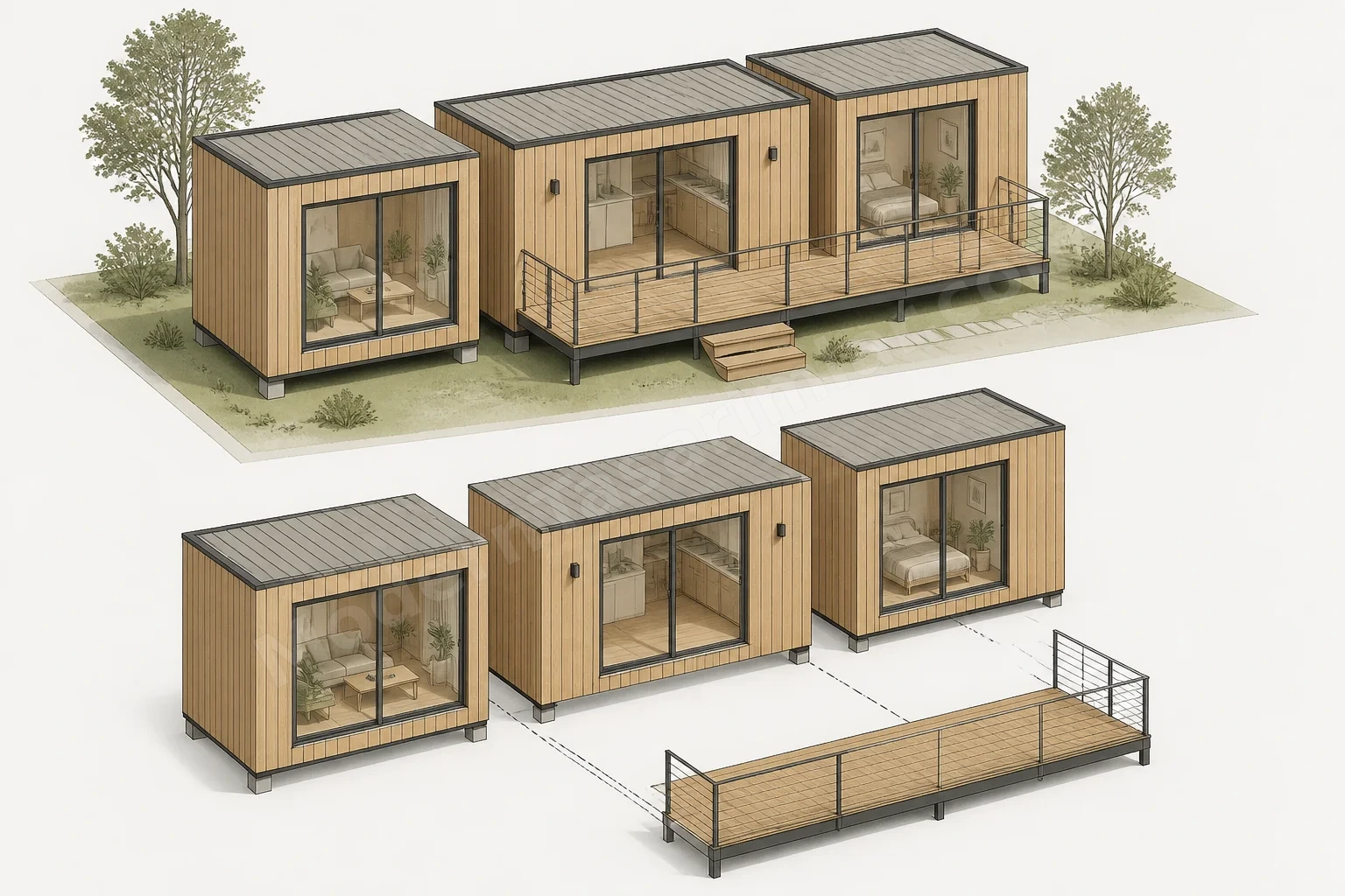 Balkon sökülmüş modüler tiny house aksiyonometrik çizimi