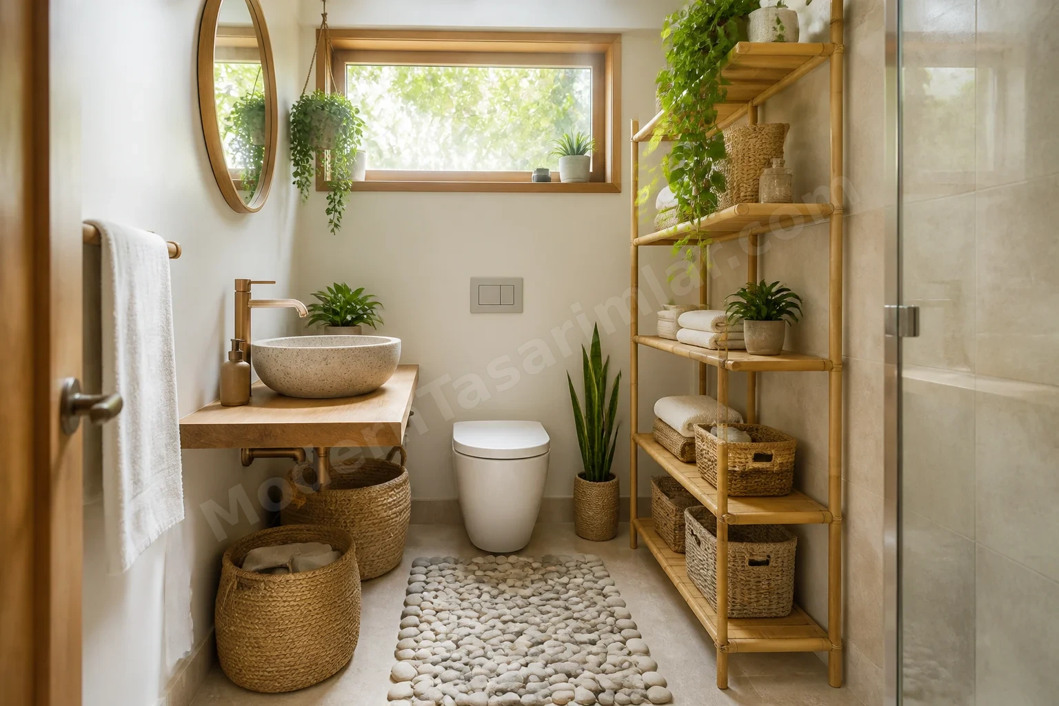 Bambu raflı ekolojik küçük banyo, çakıl paspas ve doğal keten sepetler