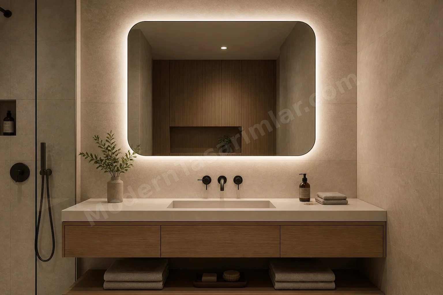 Banyo lavabo çevresi, nötr LED aydınlatmalı ayna ve taş kaplama.