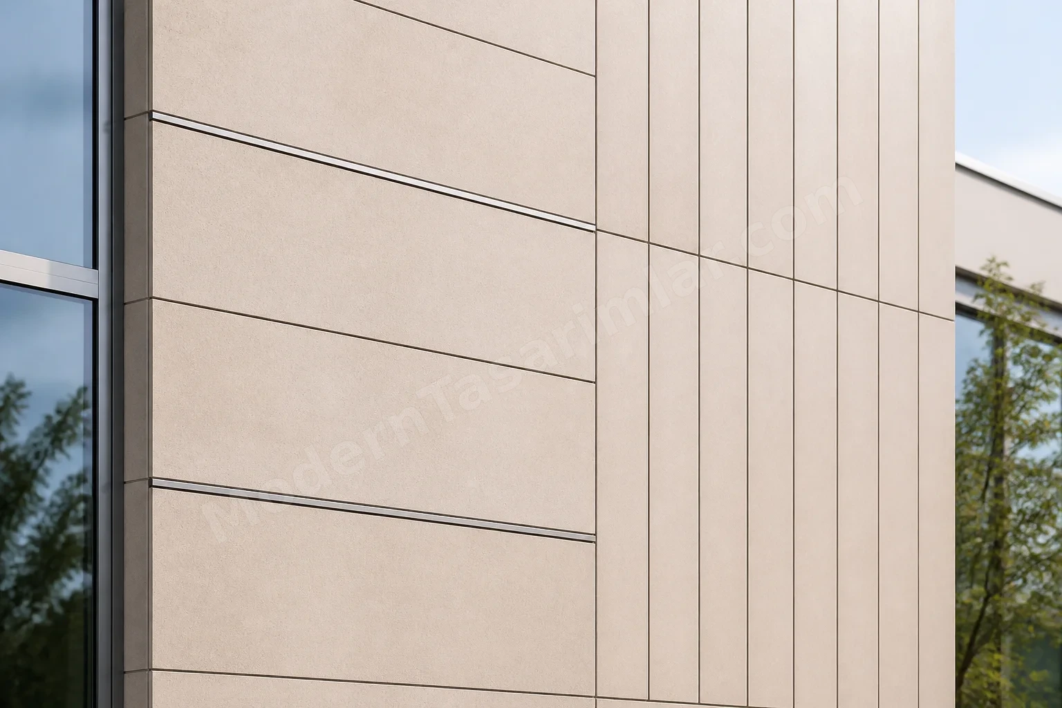 Bej terracotta panellerde yatay ve dikey derz kombinasyonu