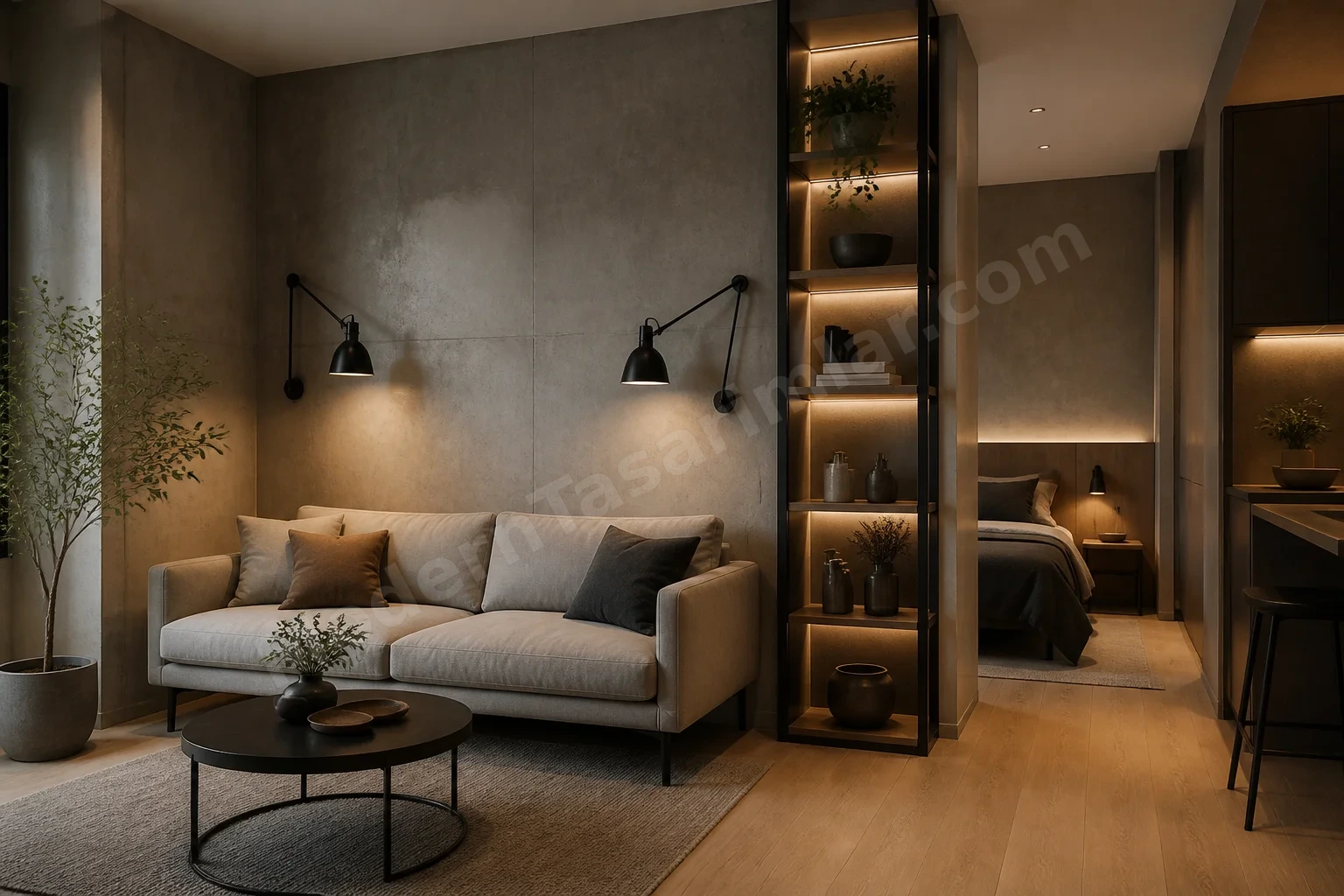 Beton görünümlü duvarlı stüdyo köşe
