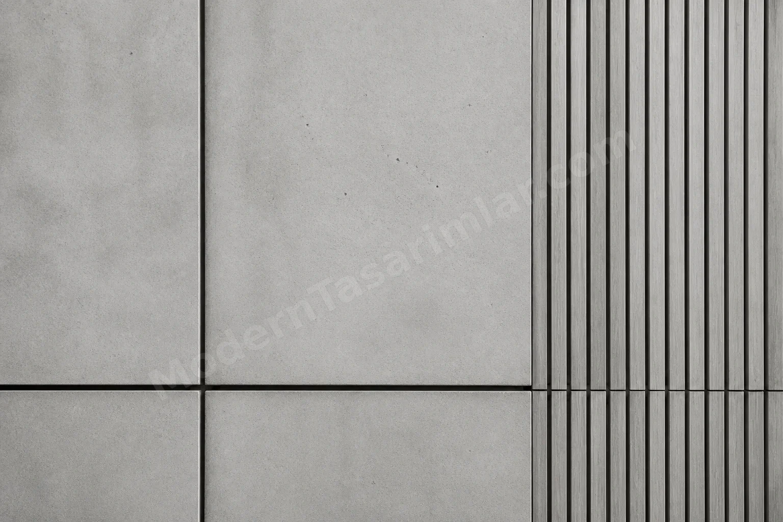 Beton panel ek aralıkları ve ince ahşap çıta kompozisyon