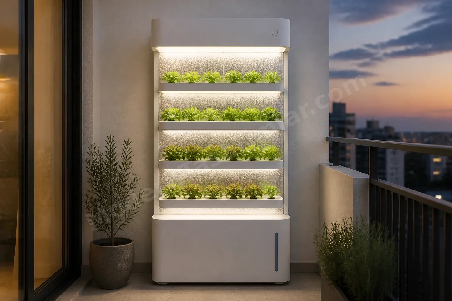 Beyaz mat hidroponik kule ve LED şerit aydınlatmalı balkon