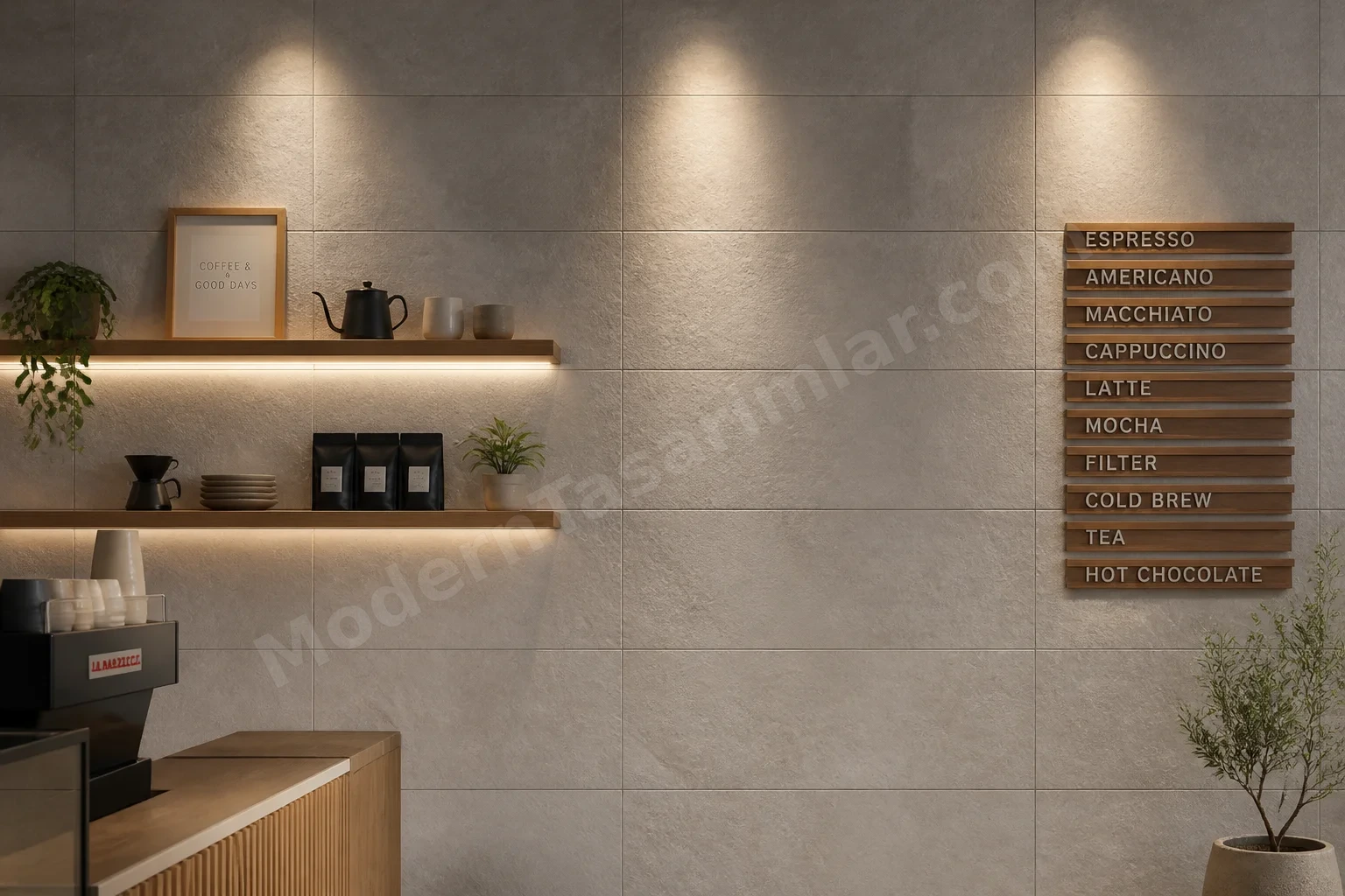 Büyük açık gri seramik karolu duvar ve doku vurgulu wall-washer ışıklar