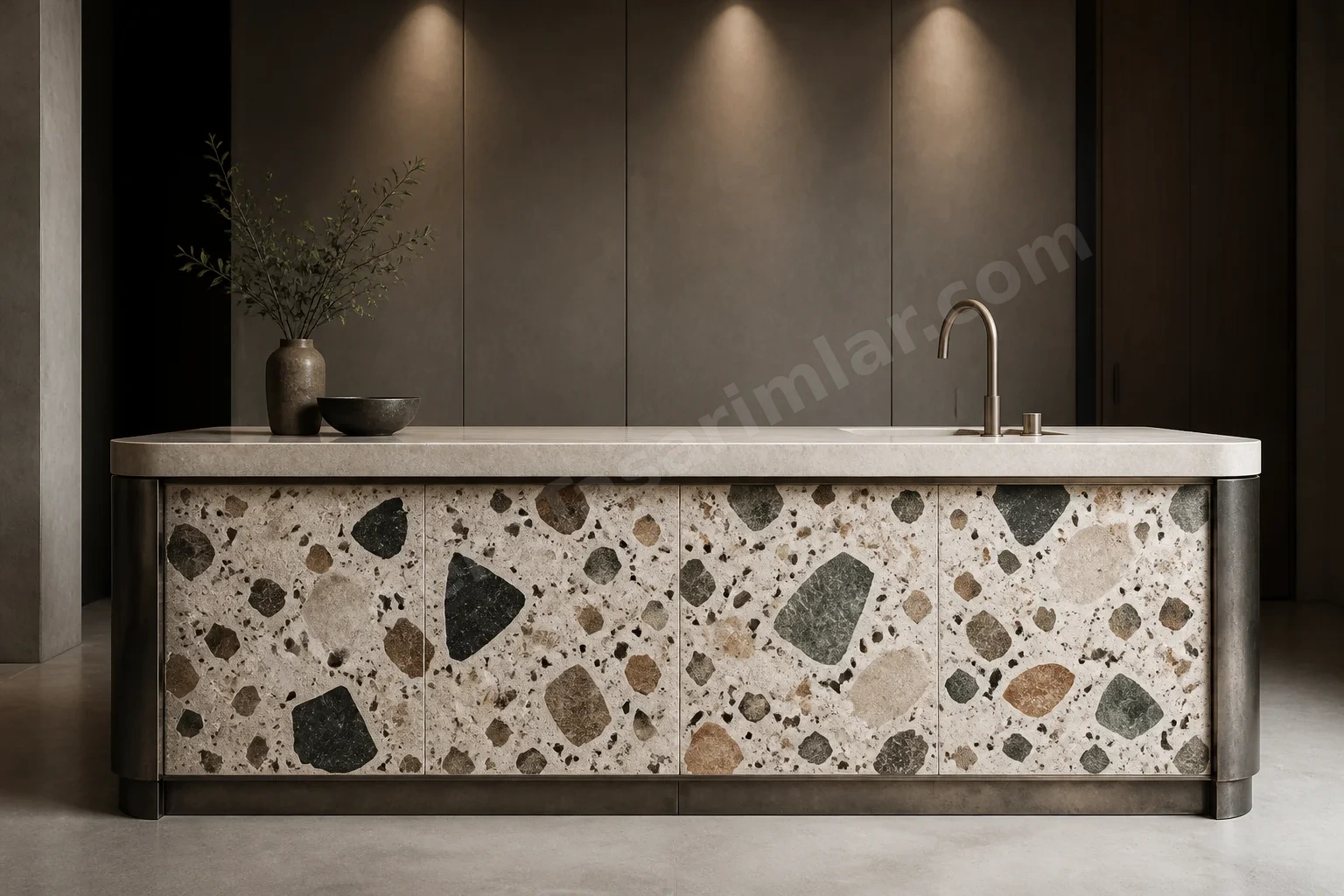 Büyük agregalı terrazzo ada önü ve ham metal kenar detayı