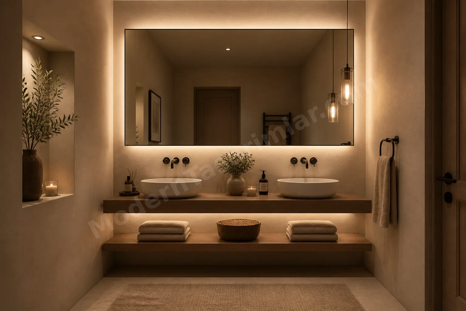 Büyük aynalı küçük lavabo alanı, ince LED şeritli raf ve sıcak tonlar