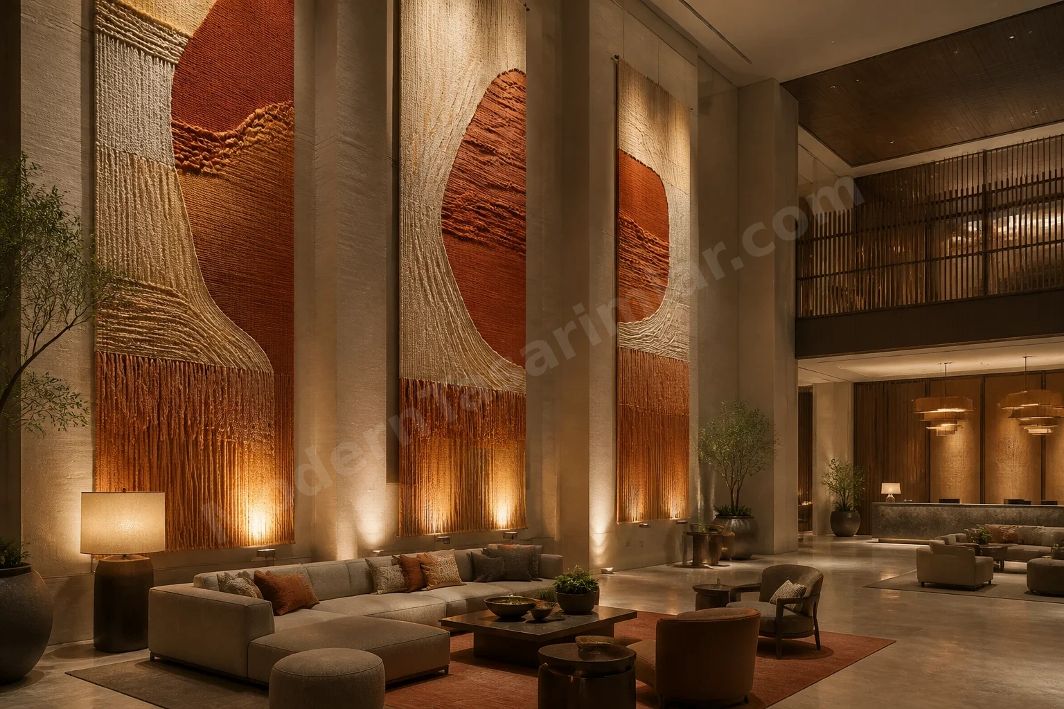 Büyük dokunsal asılı panellerle otel lobi yerleşimi