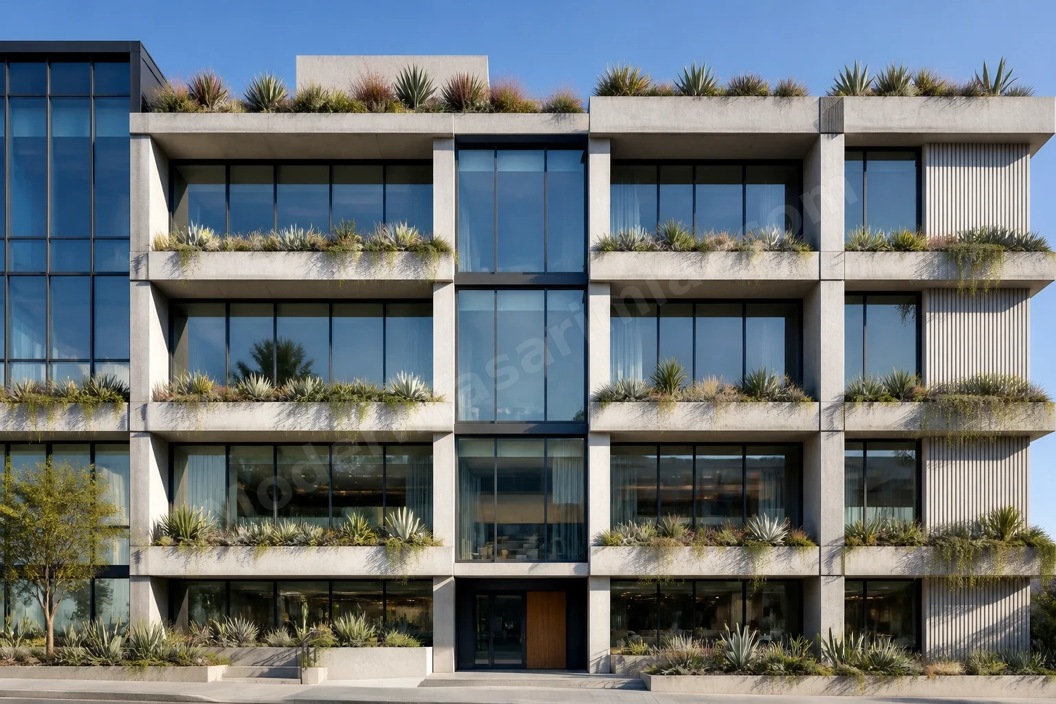 Cam ve beton kombinasyonlu planter bantlarında sukulentler