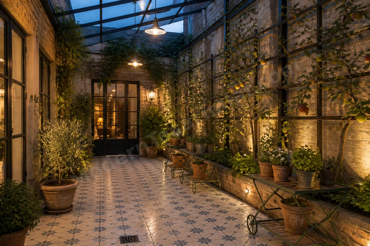 Camla çevrili avluda espalier elma ağaçları, seramik döşeme ve katlanır bitki arabaları.