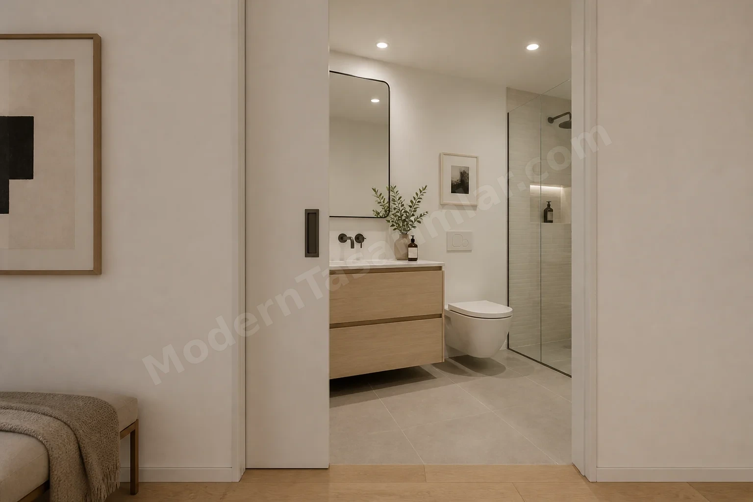 Cep kapılı küçük banyo, açık ahşap lavabo ünitesi ve mat duvarlar