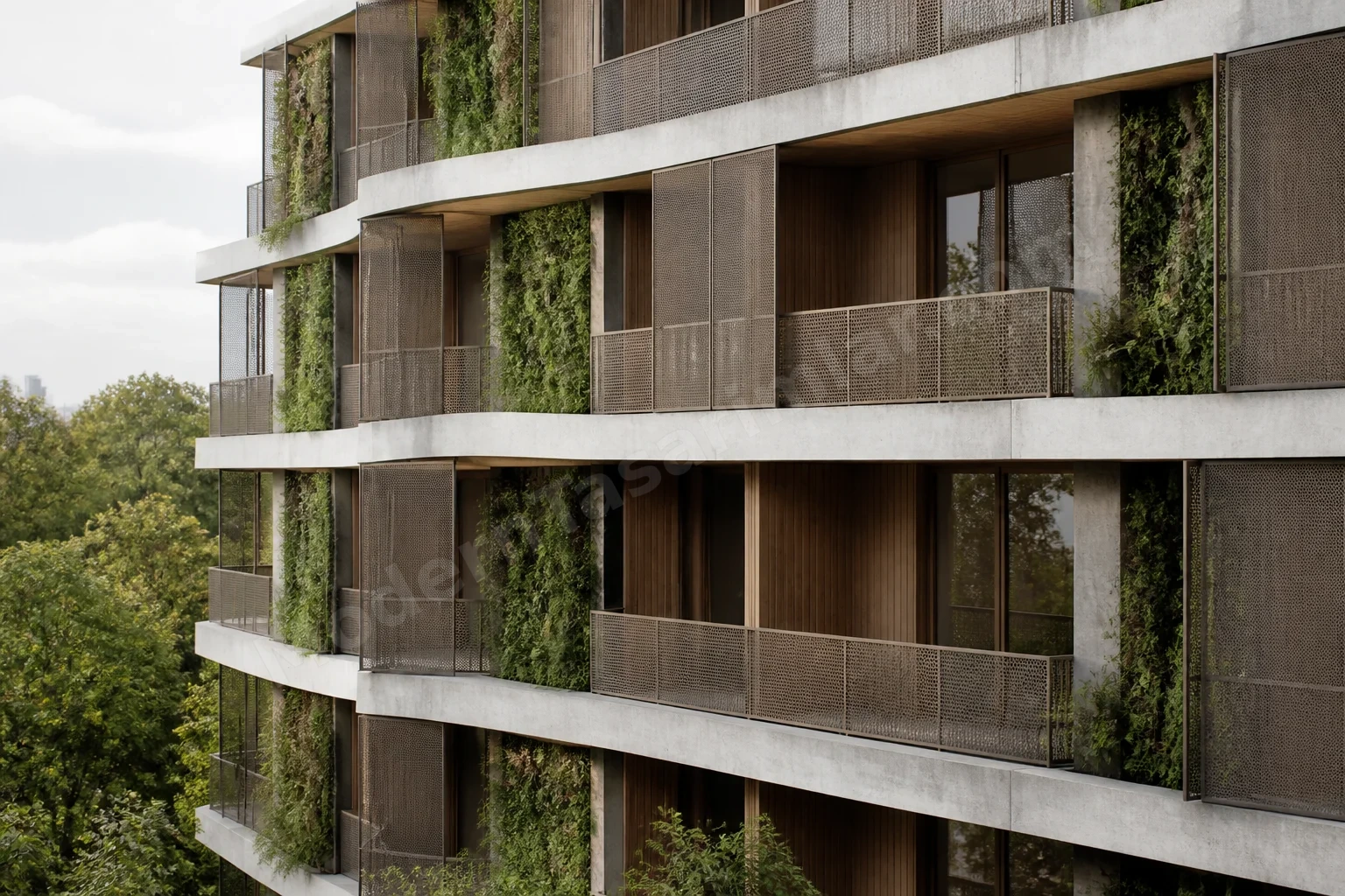Çift cidarlı balkon sistemi ve düzeyler arasında dikey yeşillik gösterimi