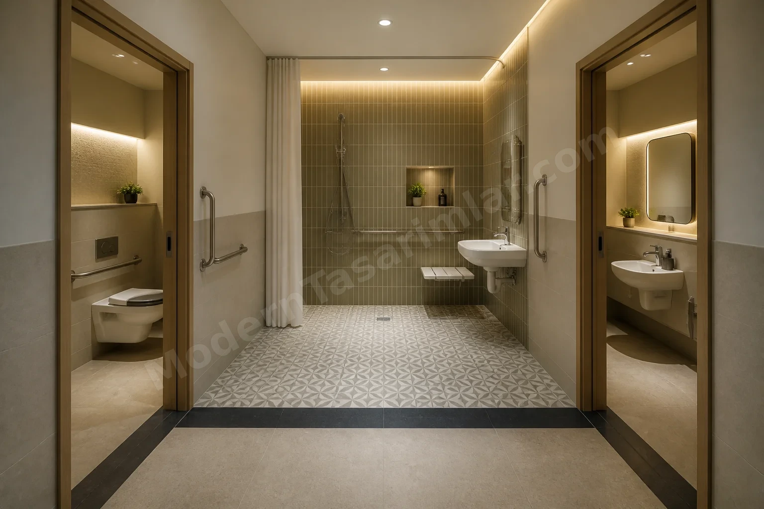 Çift erişimli, desenli kaymaz döşemeli ortak kullanıma uygun engelsiz banyo