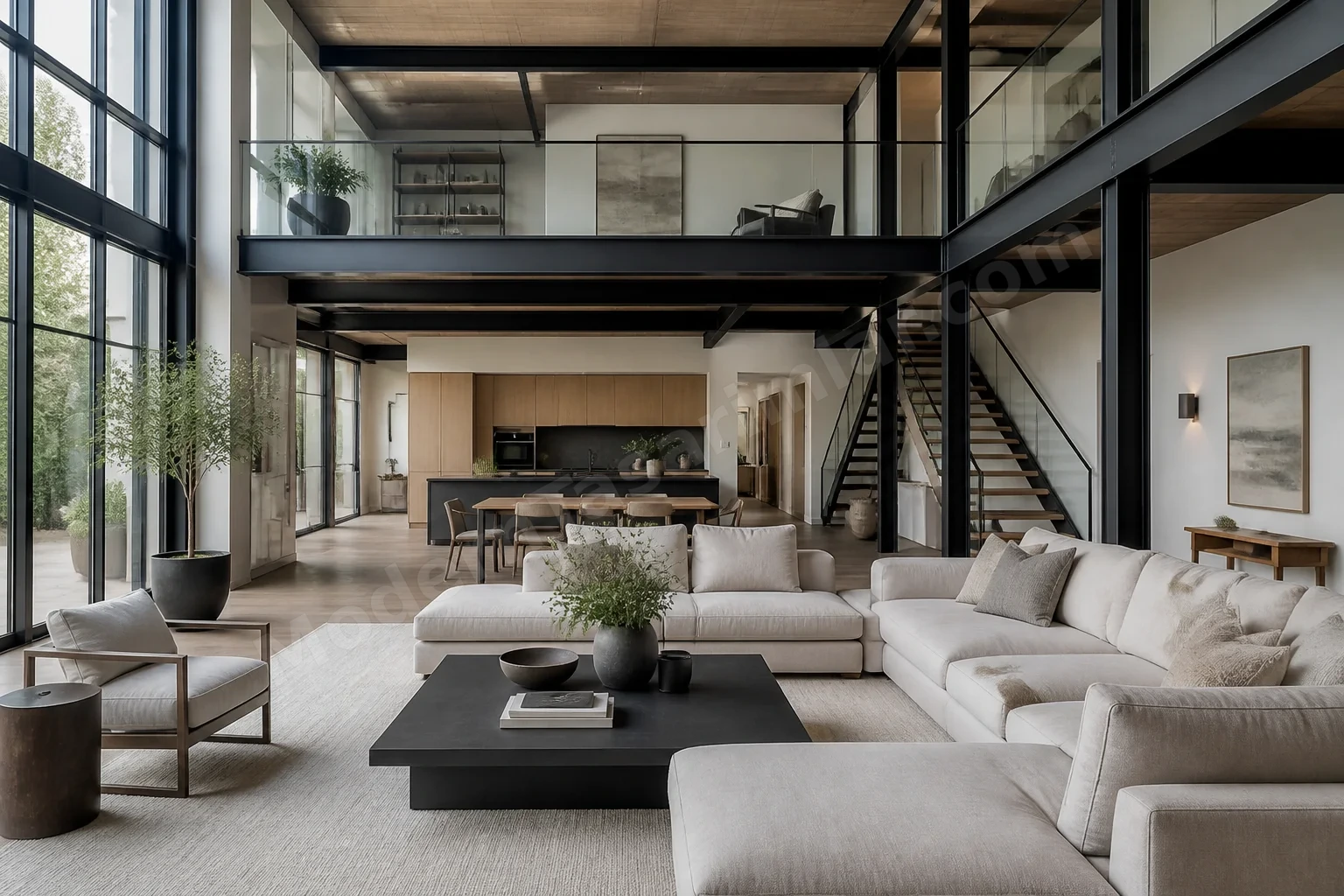Çift yükseklikli açık plan çatı loft, cam korkuluk ve koyu metal kirişler