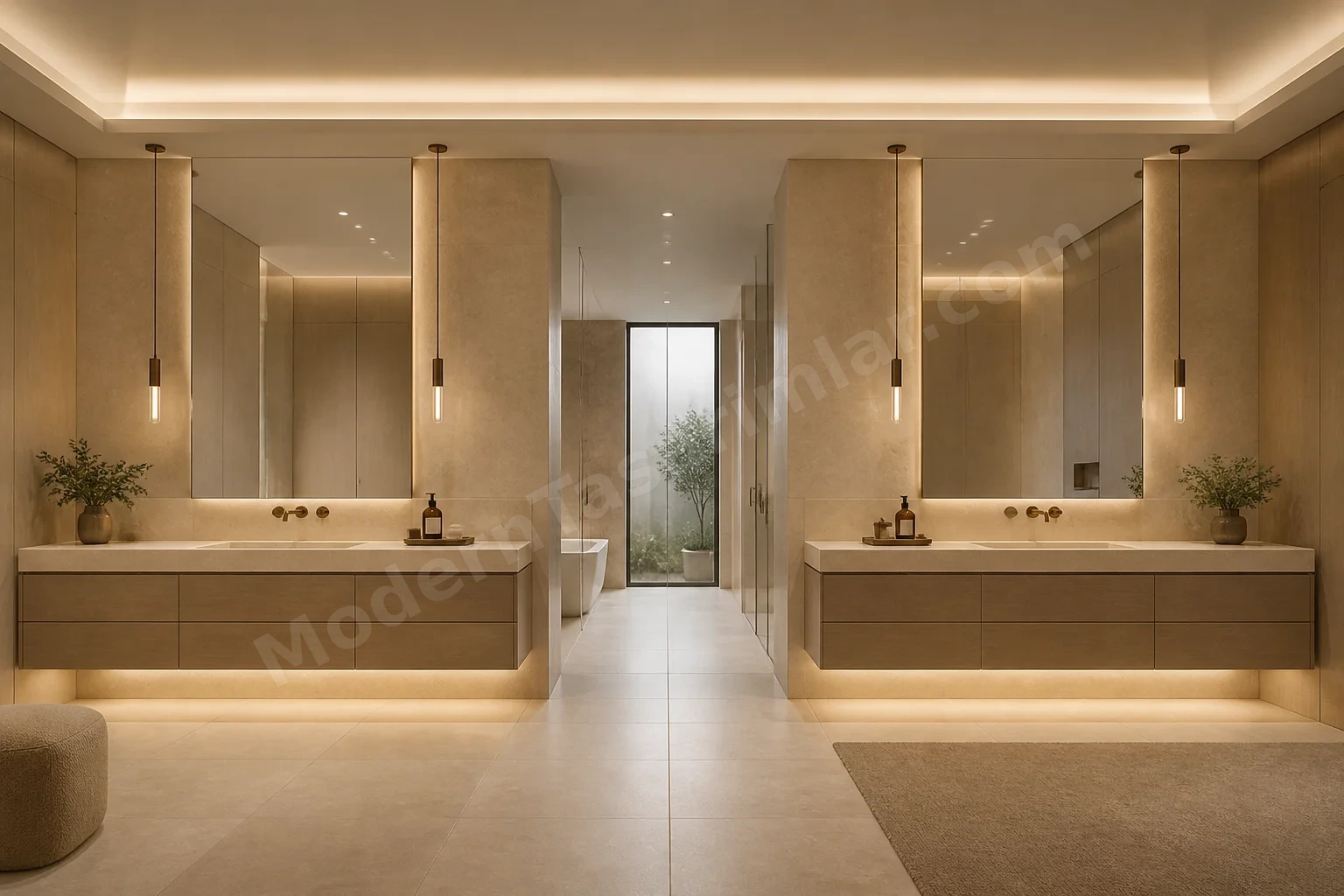 Çift yüzer lavabo ve tam boy ayna ile geniş, nötr tonlu banyo