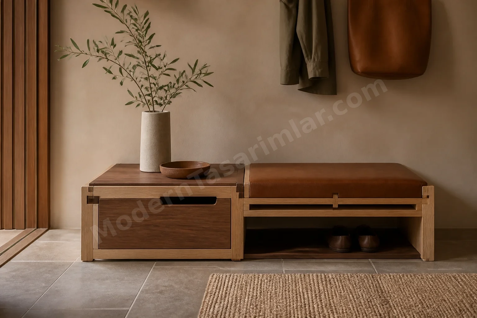 Çıkarılabilir bağlantılı alçak bench ve sehpa kombinasyonu