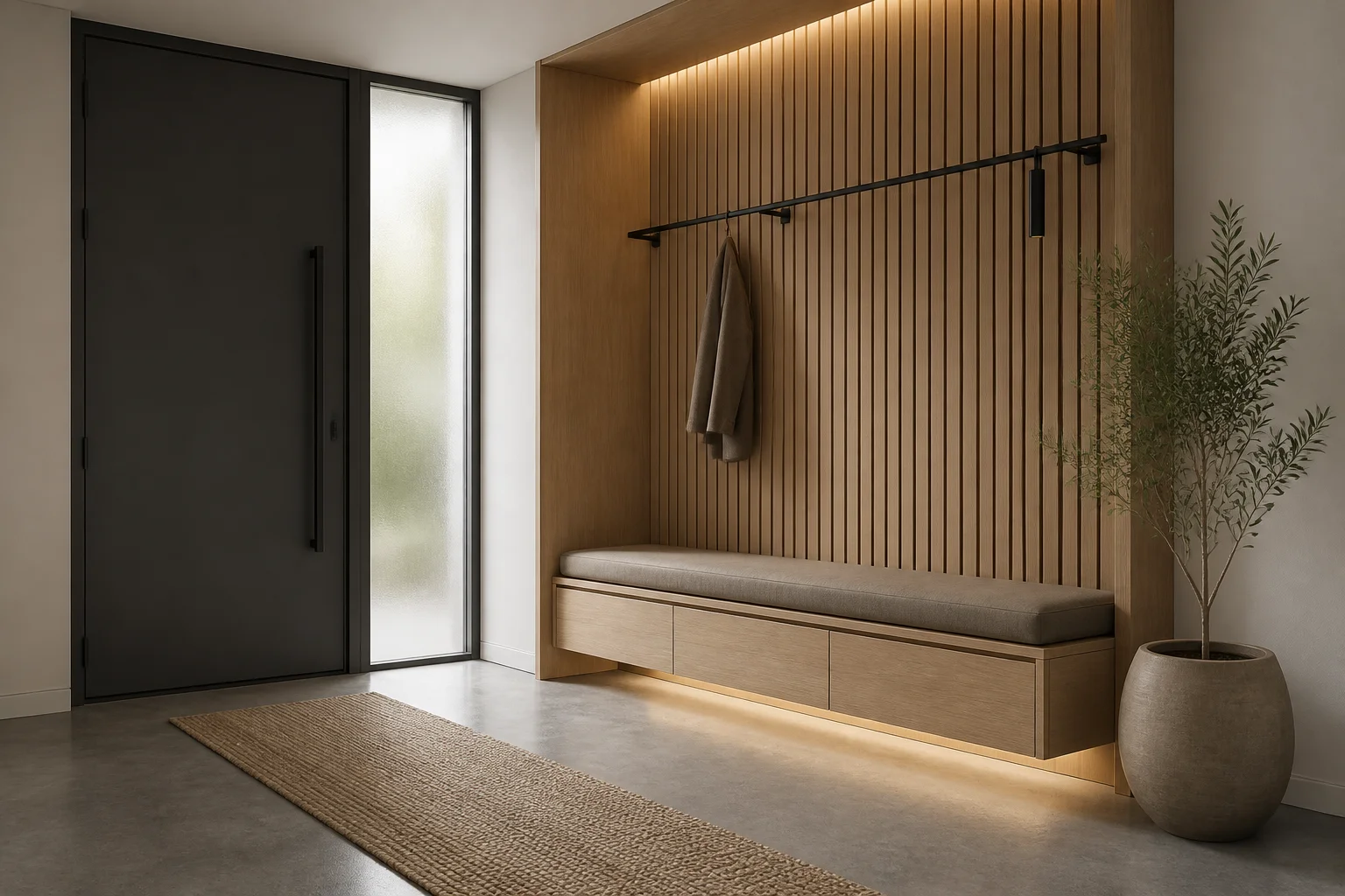 Çıtalı ahşap duvar, gömme bench ve sıcak LED şerit aydınlatmalı minimalist antre