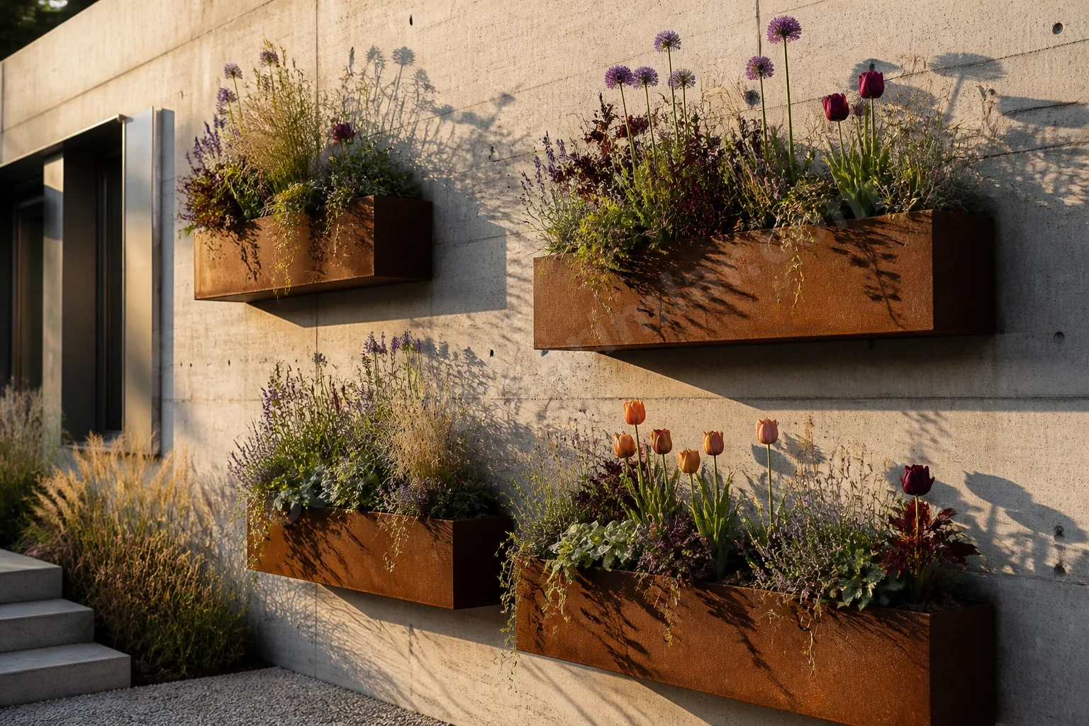 Corten planter kutular ve çok yıllık bitkilerle beton cephe