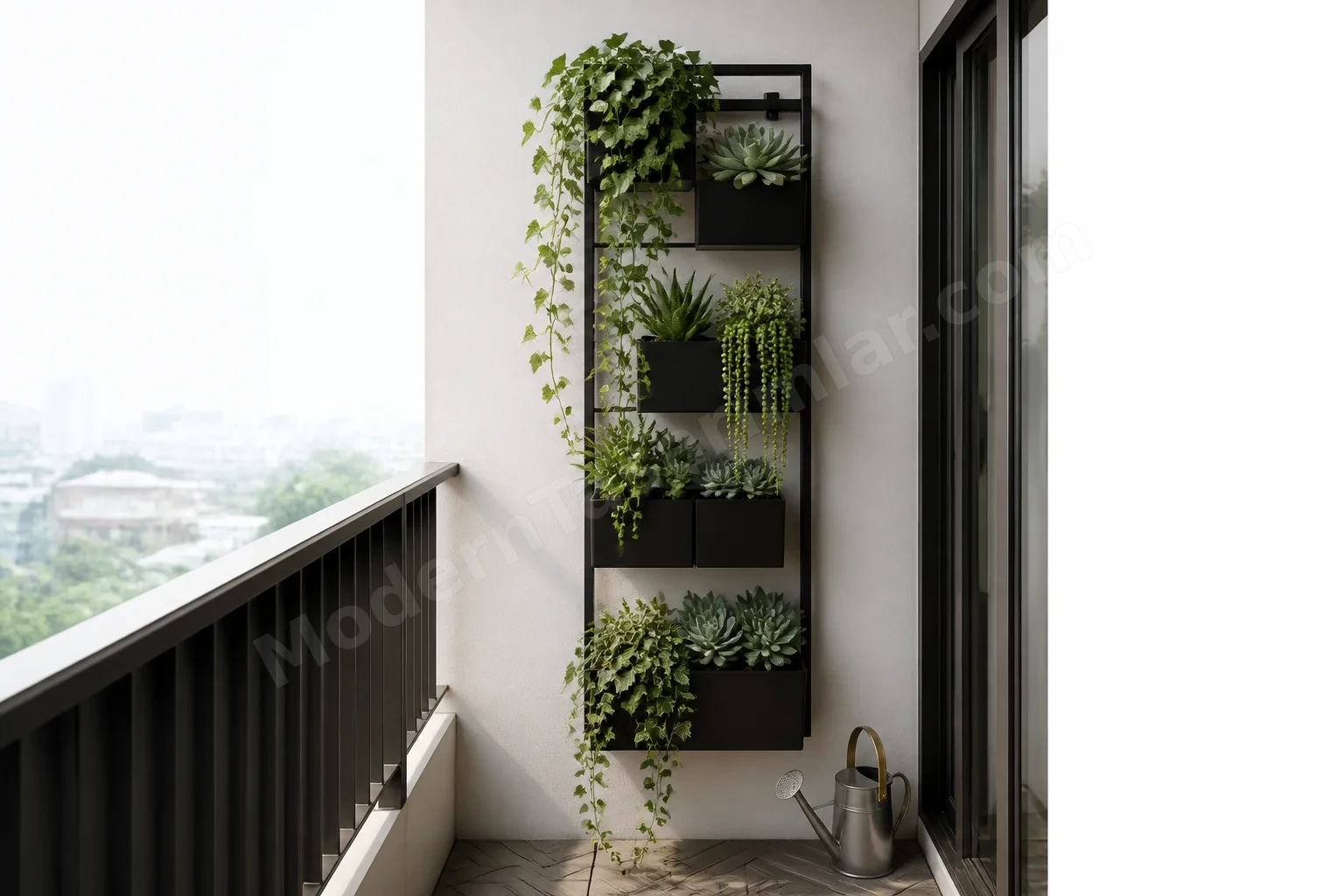 Dar balkon, siyah metal dikey çerçevede modüler sukulent saksıları