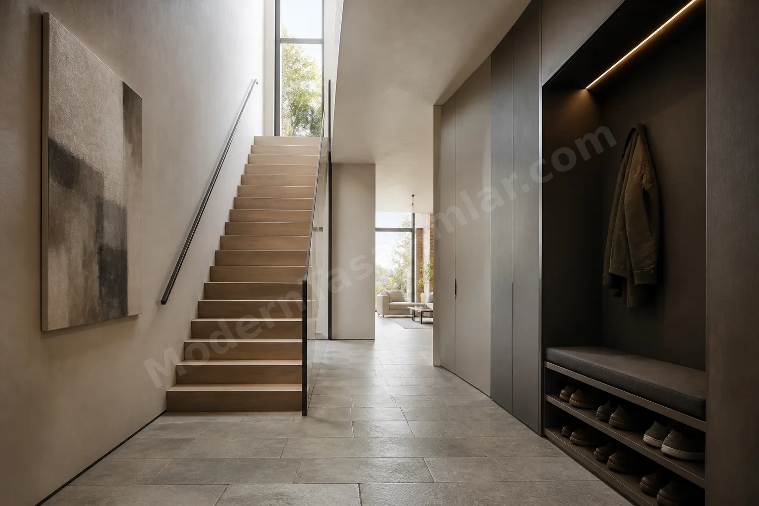 Dar merdivenli giriş, entegre ayakkabı dolabı ve dikey skylight