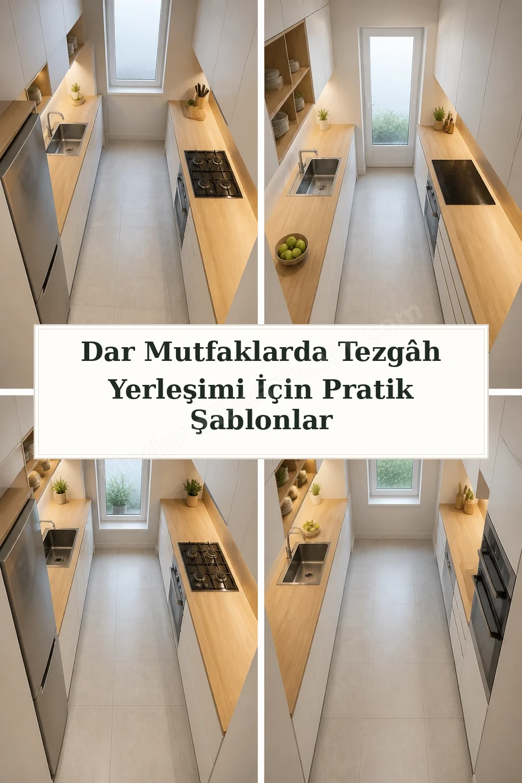 Dar Mutfaklarda Tezgâh Yerleşimi İçin Pratik Şablonlar için dört tasarım fikri