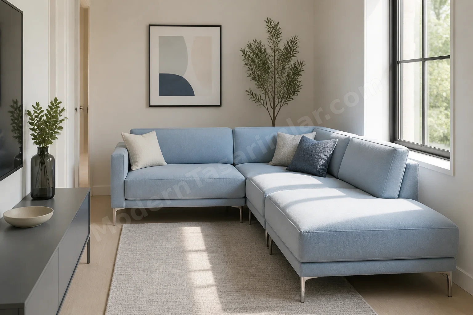Dar salona uygun soluk mavi kumaşlı ince ayaklı modüler chaise