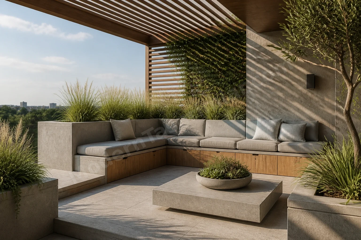 Depolamalı modüler benchler ve slat pergola altında oturma