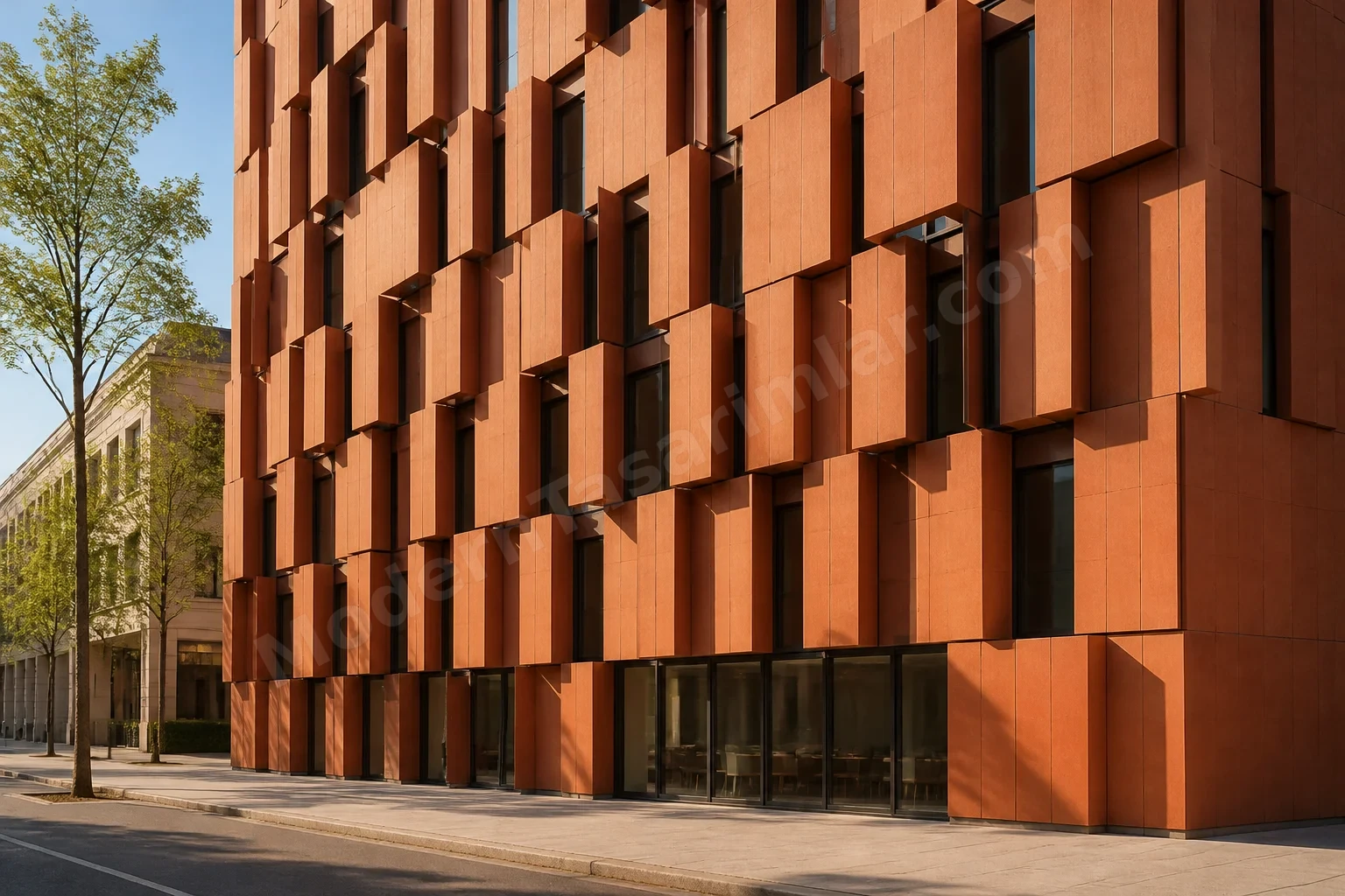 Derinlikli terracotta panellerle havalandırmalı cephe ve gölgeler