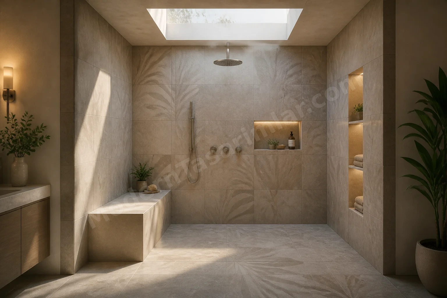 Desenli karo ve entegre oturma alanlı spa tarzı duş