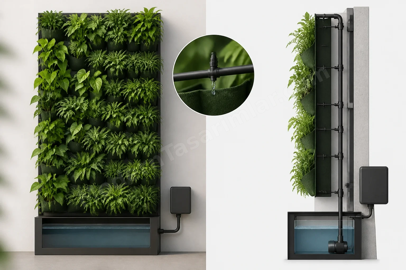 Dikey bahçe için gizlenmiş mikrodamla hatları ve rezervuar detayı